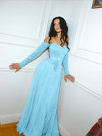 Tulle Off-The-Shoulder Strapless Long Sleeves Long A-Line Prom Dress With Sequins YK0629