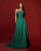 Satin Strapless Sleeveless High-Waisted Long A-Line Prom Dress With Beadings YK0662