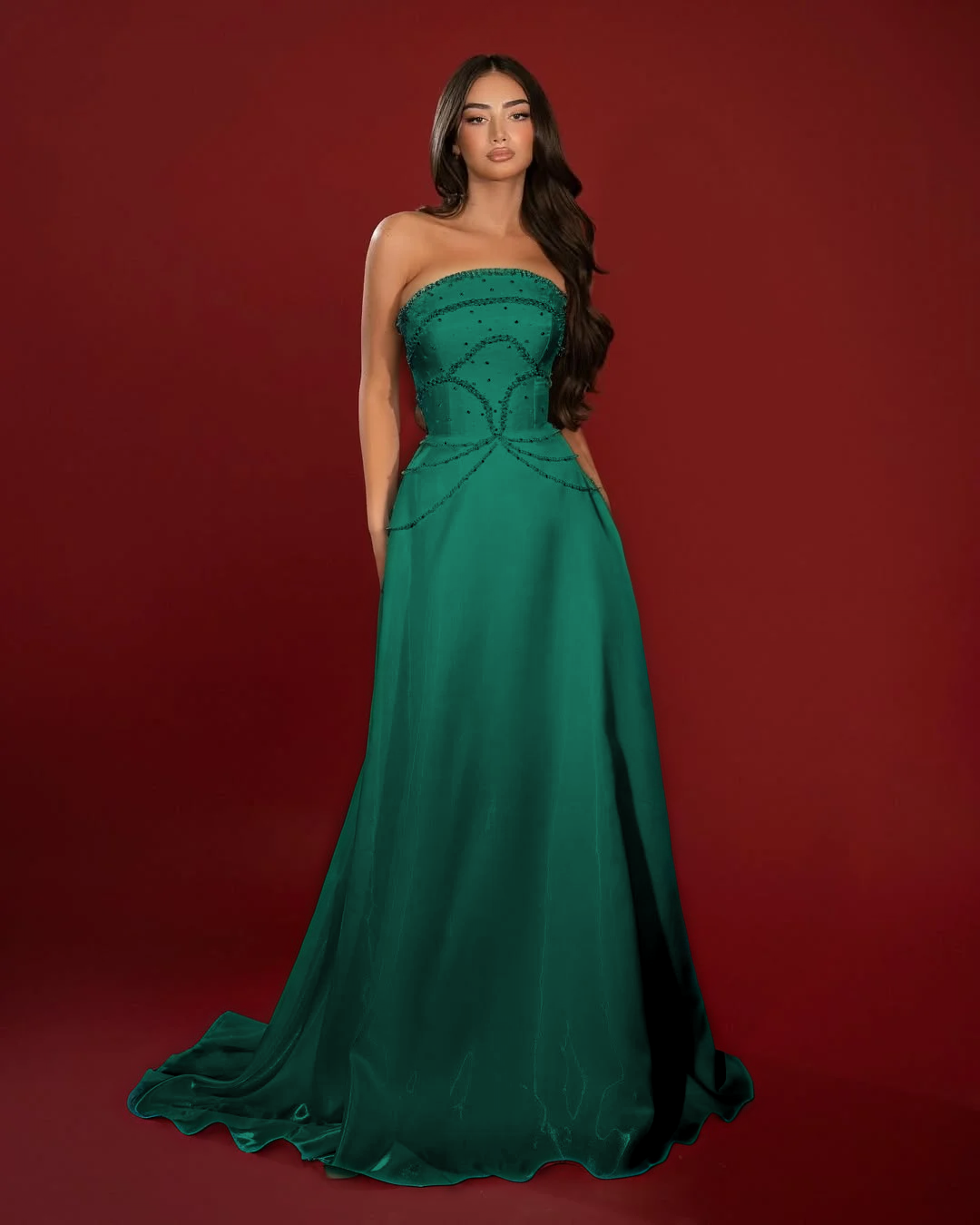 Satin Strapless Sleeveless High-Waisted Long A-Line Prom Dress With Beadings YK0662