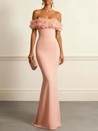 Pink 3D Floral Ruched Classic Off The Shoulder With Removable Cape Short Sleeve Mermaid Gown Dress