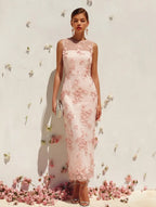 Pink Lace Embroidery Applique Crew Neck Sleeveless Sheath Maxi Dress