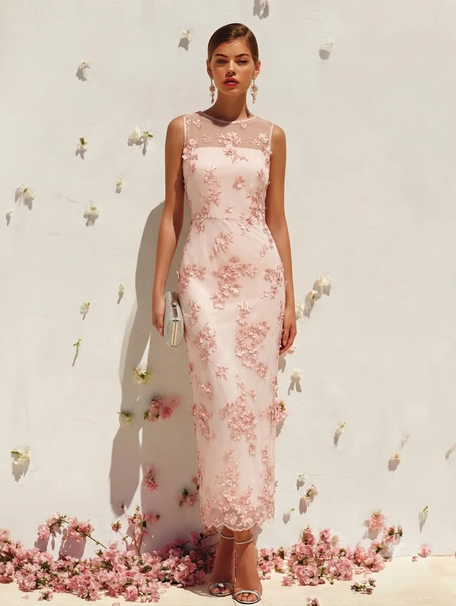 Pink Lace Embroidery Applique Crew Neck Sleeveless Sheath Maxi Dress