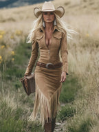Retro Western Lapel Zipper Long Sleeve Tassel Midi Dress