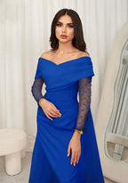 Cocoslly Off-The-Shoulder Long Sleeves High Waist Long Prom Dress With Rhinstone | Blushing Pink Chiffon JZ0100