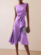 Apricot White Sleeveless Midi Elegant A-line Dress with Waist Twist for Day-to-Night