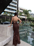 Cocoslly Spaghetti Straps Sleeveless High Waist Long Mermaid Prom Dress With Appliques | Brown Satin CO0198
