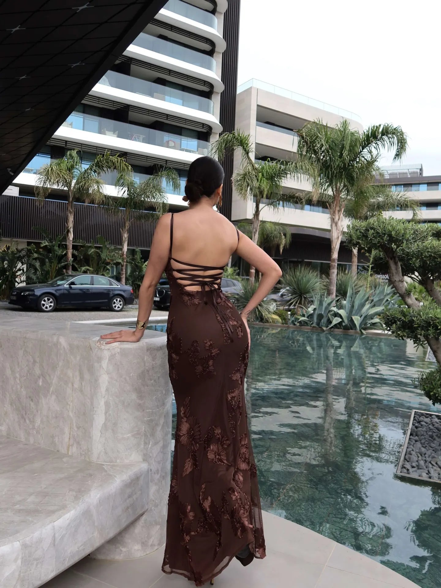 Cocoslly Spaghetti Straps Sleeveless High Waist Long Mermaid Prom Dress With Appliques | Brown Satin CO0198