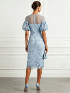 Light Blue 3D Floral Lace Crew Neck Short Sleeve Puff Sleeve Sheath Midi Dress