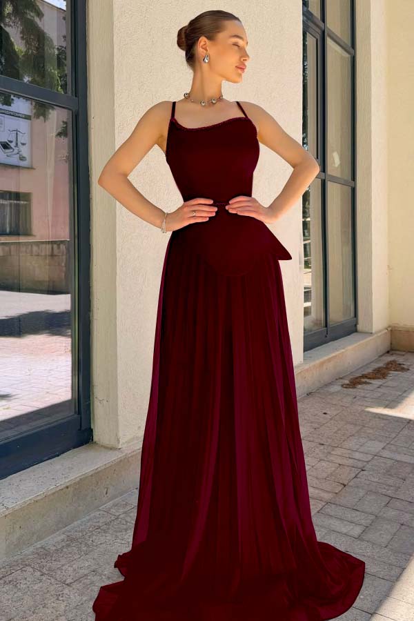 Spaghetti Strap Sleeveless Long Prom Dress With Pleated Sequins WQ0188