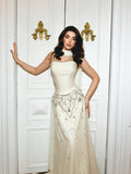 Cocoslly Spaghetti Straps Sleeveless Long Prom Dress With Rhinstone And Beading Pearls | Ivory Satin CO0012