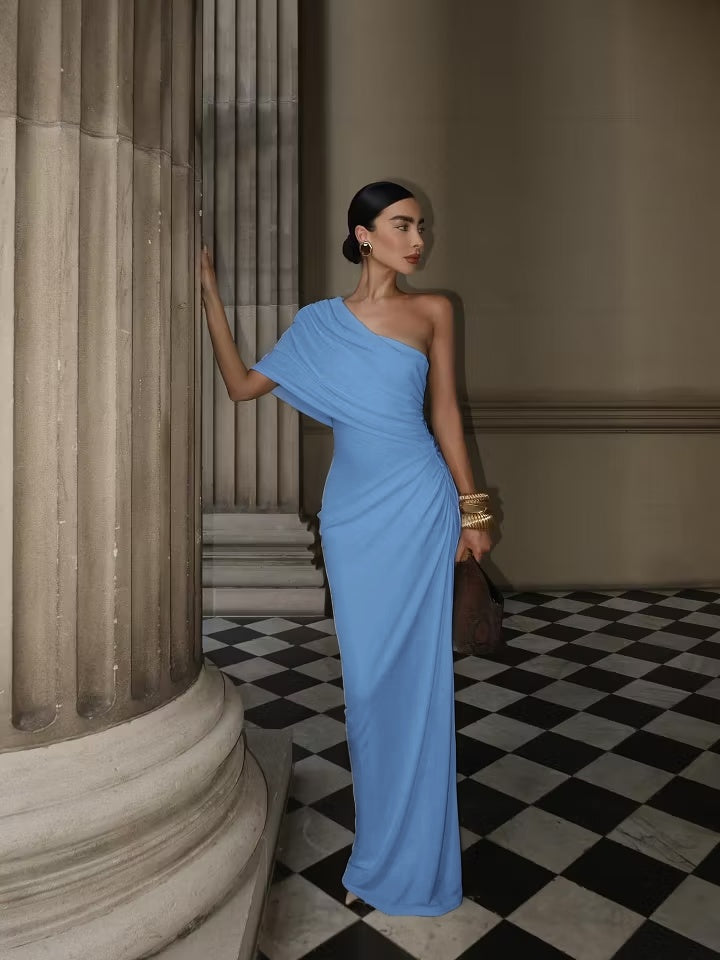 Cocoslly One Shoulder Sleeveless High Waist Long Mermaid Prom Dress With Pleated | White Satin YK1192
