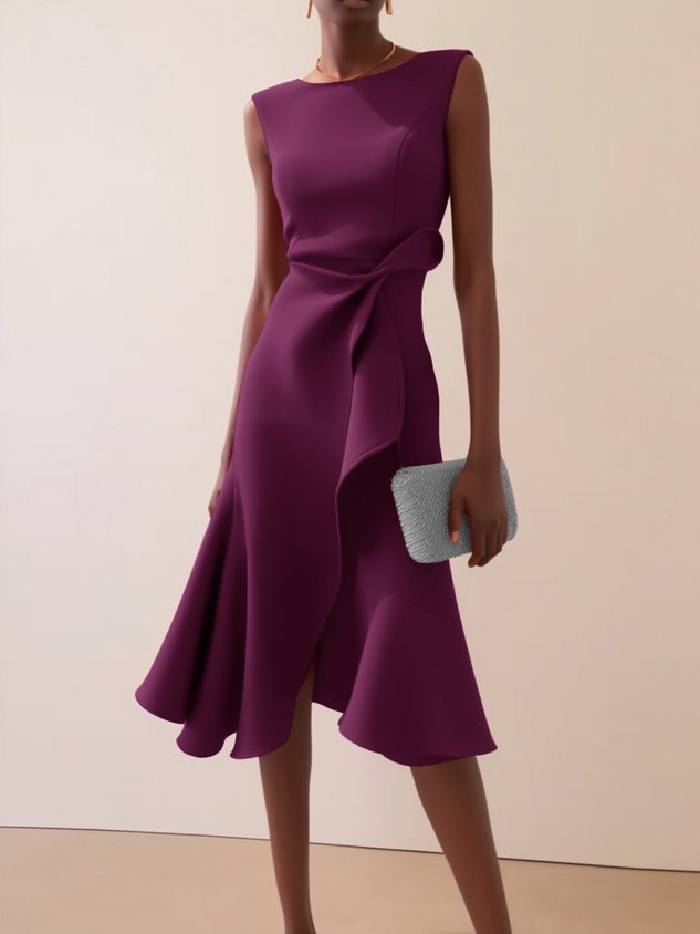 Purplish Blue Waist Twist Ruffled Sleeveless A-Line Midi Dress