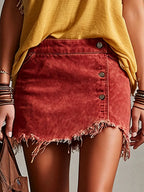 Western Retro Frayed Camel Denim Mini Skirt And Shorts