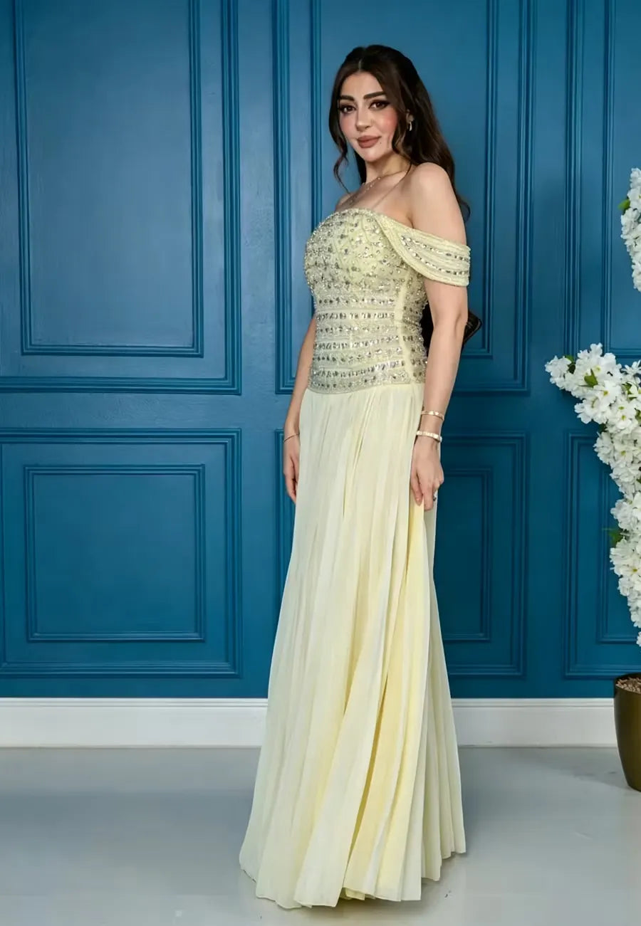 Cocoslly Off-The-Shoulder Sleeveless High Waist Long Prom Dress With Rhinstone | Champage Chiffon LR0566