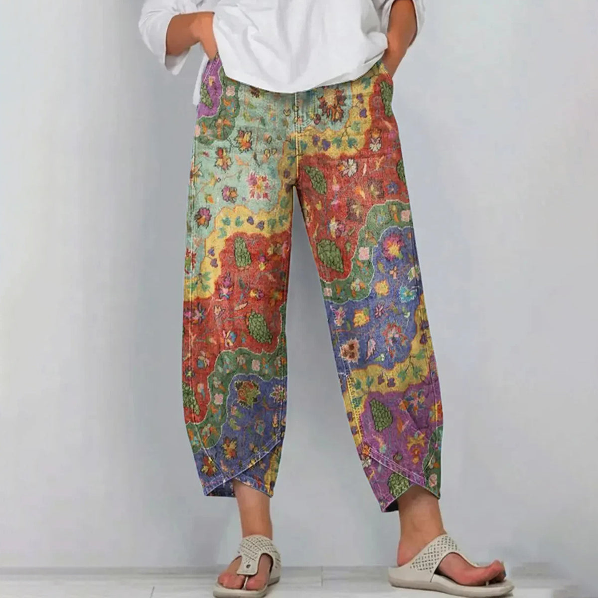 Women's Ethnic Wave Patchwork Art Print Flowy Linen Blend Casual Pants