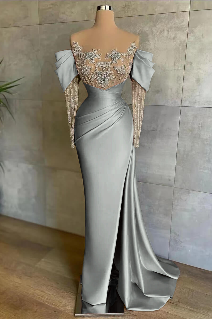 Cocoslly Off-The-Shoulder Long Lace Sleeves Long Split Mermaid Prom Dress With Beaded Applique Embroidery | Pink Satin ED0148