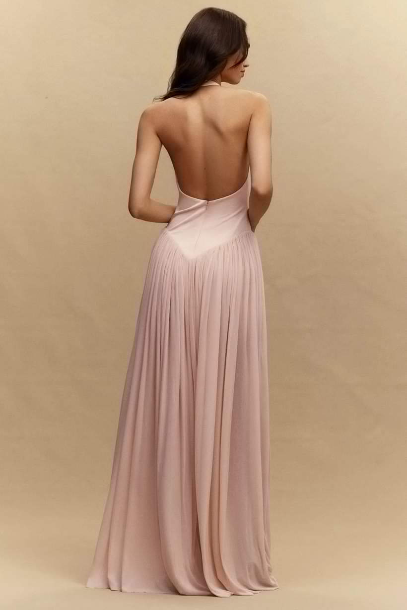 Cocoslly Halter V-Neck Sleeveless High Waist Long Prom Dress | Blushing Pink Chiffon YC0573
