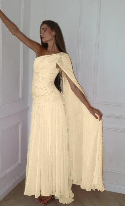 Cocoslly One Shoulder Sleeveless High Waist Long Prom Dress With Sequins | Pink Chiffon JZ0098