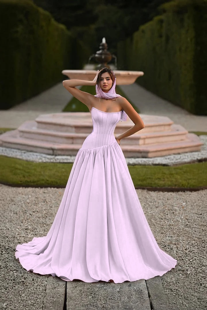 Satin Strapless Sleeveless Long A-Line Prom Dress With Pleated And Corset YK0797