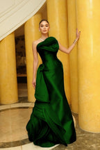 Satin And Tulle Asymmetric Strapless Sleeveless Long Pleated A-Line Prom Dress With Flowers And Ruffles WQ0642