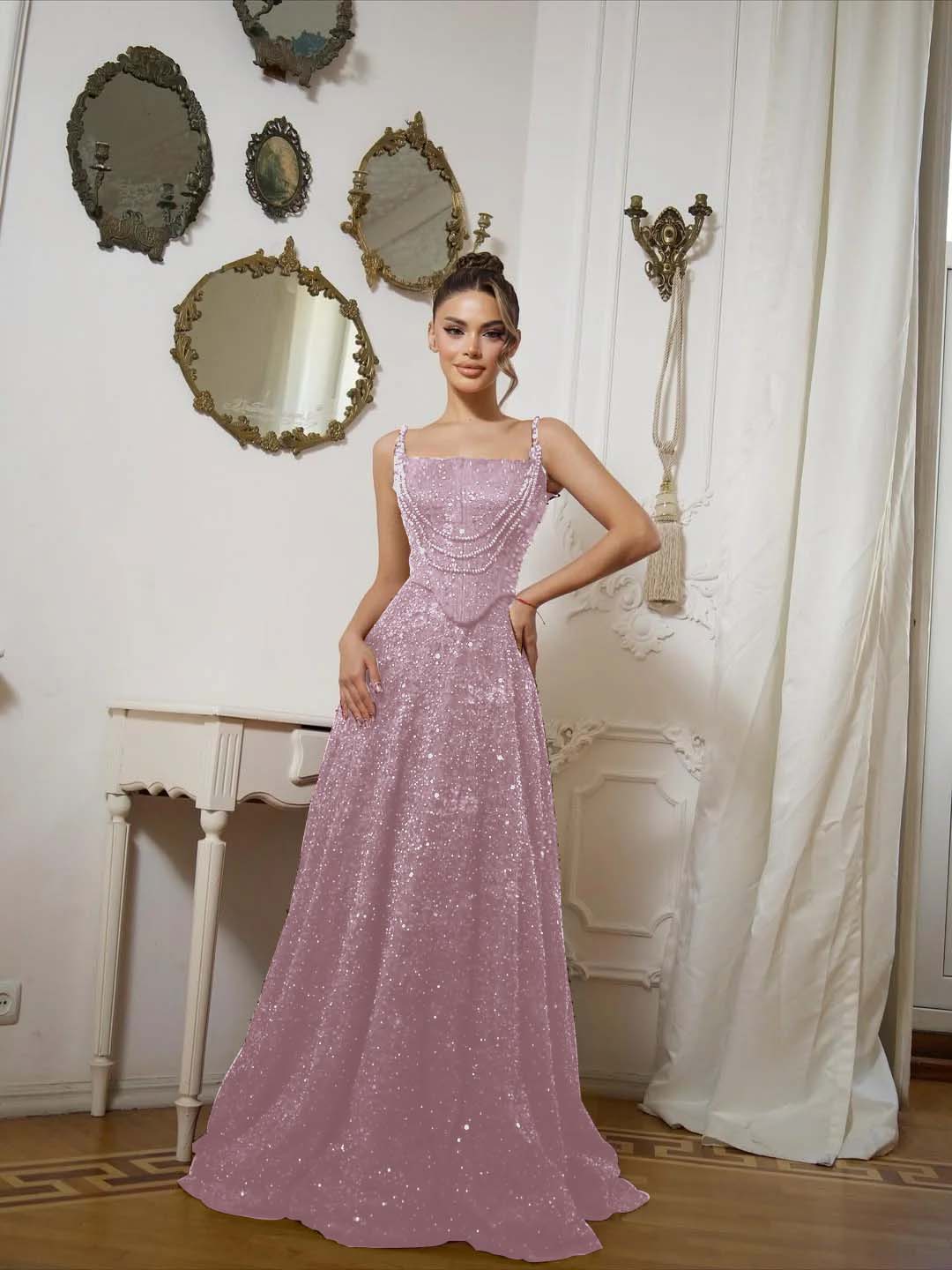 Square Neck Spaghetti Straps Sleeveless Long A-Line Prom Dress With Sequins And High Beadings YK0573