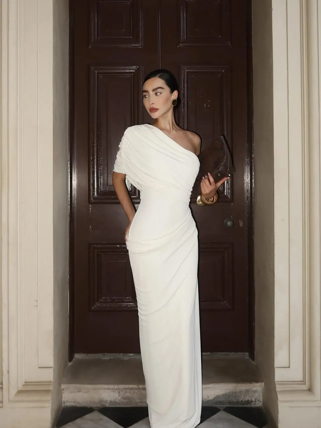 Cocoslly One Shoulder Sleeveless High Waist Long Mermaid Prom Dress With Pleated | White Satin YK1192