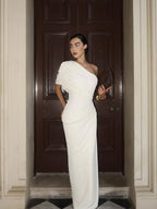 Cocoslly One Shoulder Sleeveless High Waist Long Mermaid Prom Dress With Pleated | White Satin YK1192