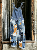 Cute Cat Pattern Patchwork Design Casual Linen Overalls