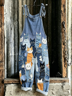 Cute Cat Pattern Patchwork Design Casual Linen Overalls