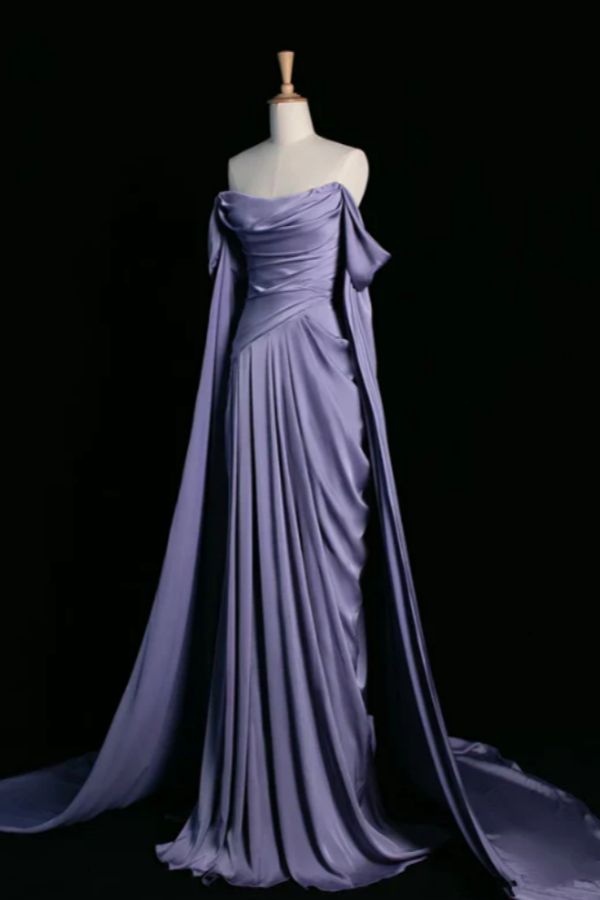 Cocoslly Off-The-Shoulder Pleated Long Prom Dress With Trailing On Both Sides | Purple Satin ZT0580