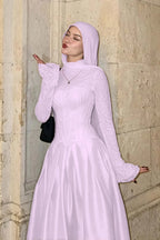 Cocoslly High Neck Long Sleeves High Waist Long Prom Dress With Hat | Burgundy Satin LR0513