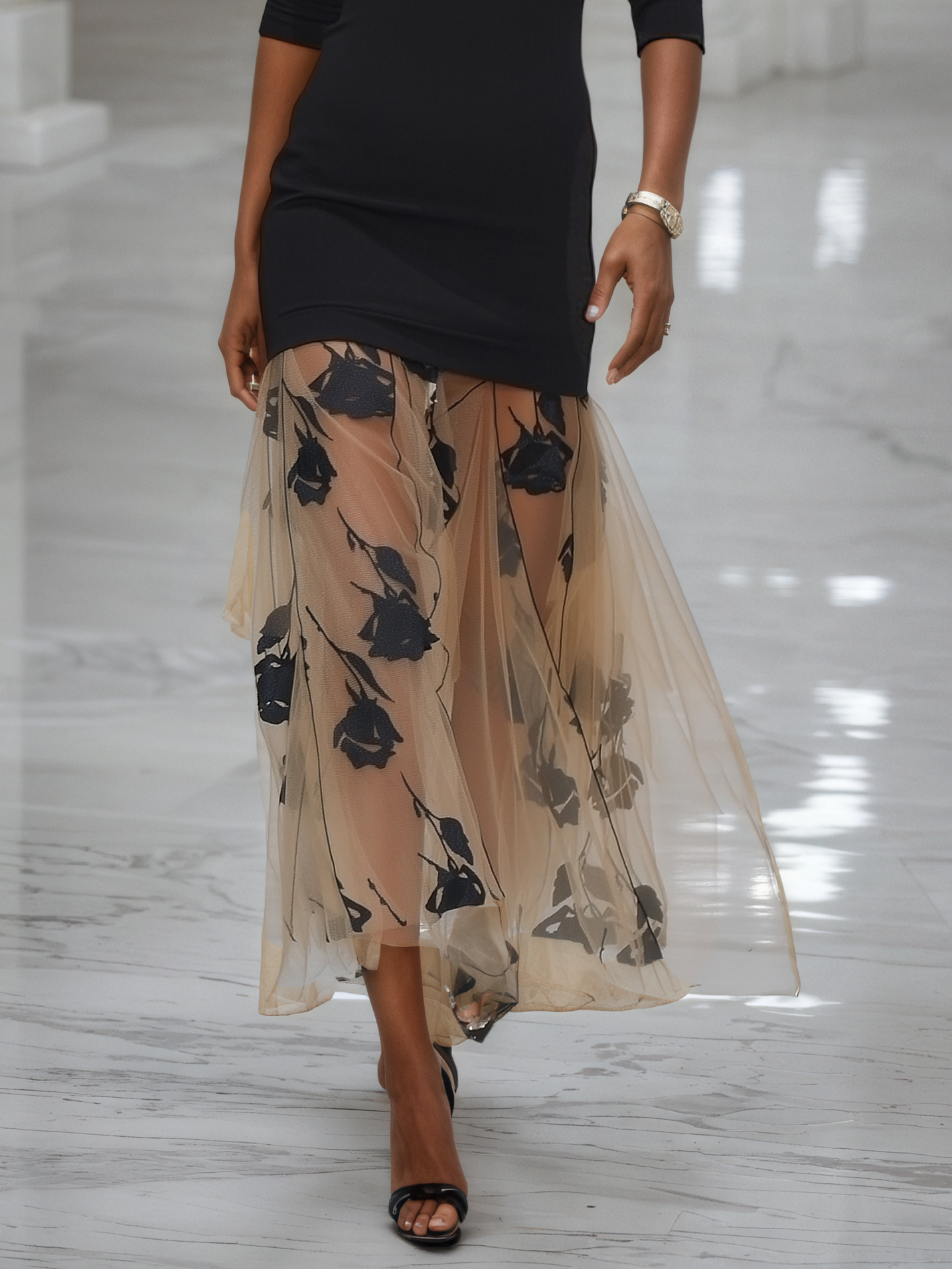 Black Floral Rose Knit Off The Shoulder Half Sleeve Mermaid Maxi Dress
