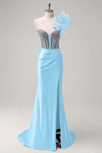 Satin V-Neck Strapless Sleeveless Long Pleated Mermaid Prom Dress With Rhinstone And High Split YK0320