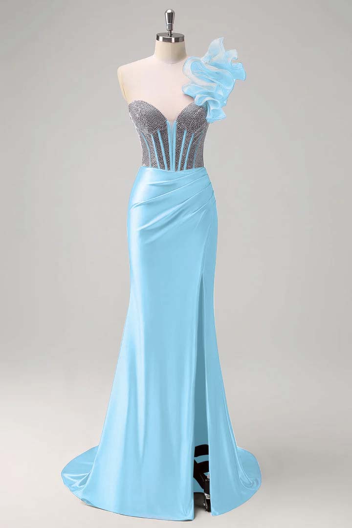 Satin V-Neck Strapless Sleeveless Long Pleated Mermaid Prom Dress With Rhinstone And High Split YK0320