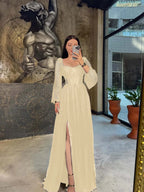 Lace Square Neck  Lantern Long Sleeves Long A-Line Pleated Prom Dress With Split And Corset YK0413