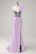 Satin V-Neck Strapless Sleeveless Long Pleated Mermaid Prom Dress With Rhinstone And High Split YK0320