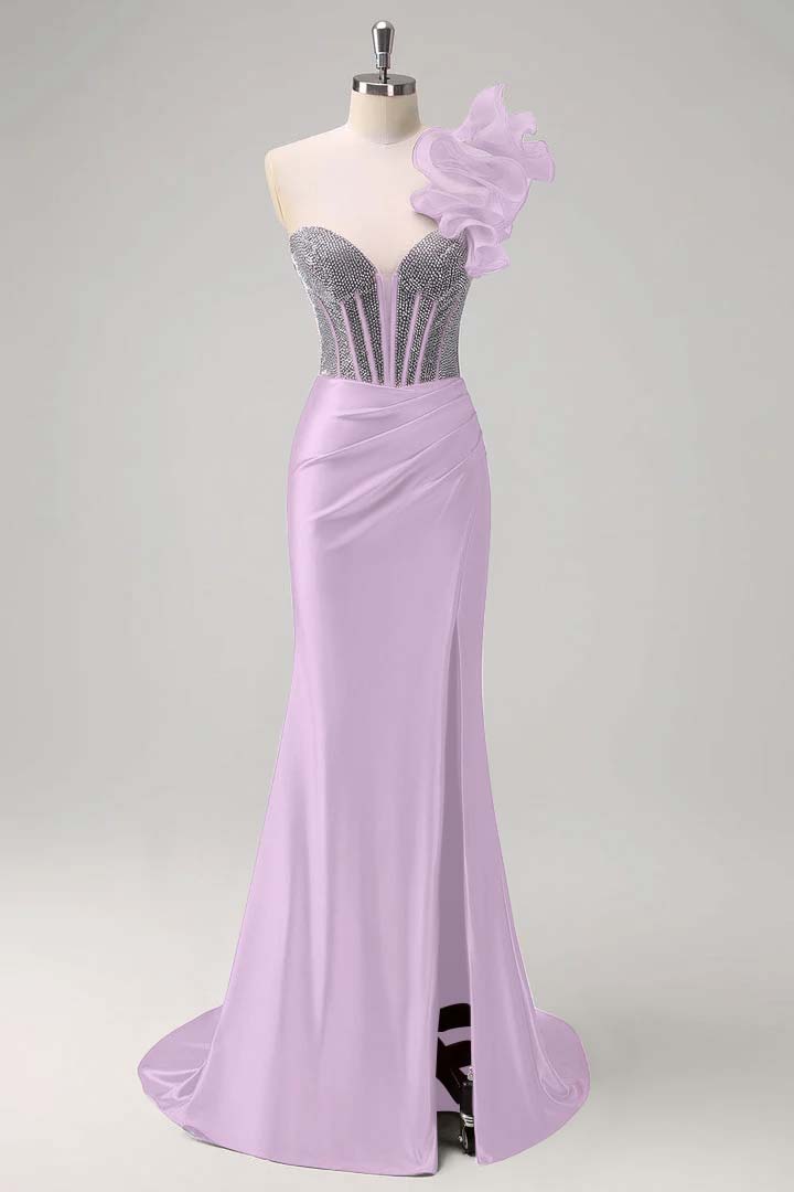 Satin V-Neck Strapless Sleeveless Long Pleated Mermaid Prom Dress With Rhinstone And High Split YK0320