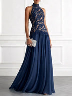 Purplish Blue Lace Lace Halter Neck Sleeveless A-Line Floor Length Dress