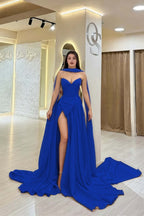 Cocoslly Strapless Sweetheart Sleeveless High Waist Long Split Prom Dress With Scarf | Burgundy Satin YC0479