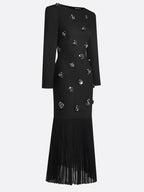 Black Pleated 3D Floral Classic Boat Neck Long Sleeve Mermaid Maxi Dress