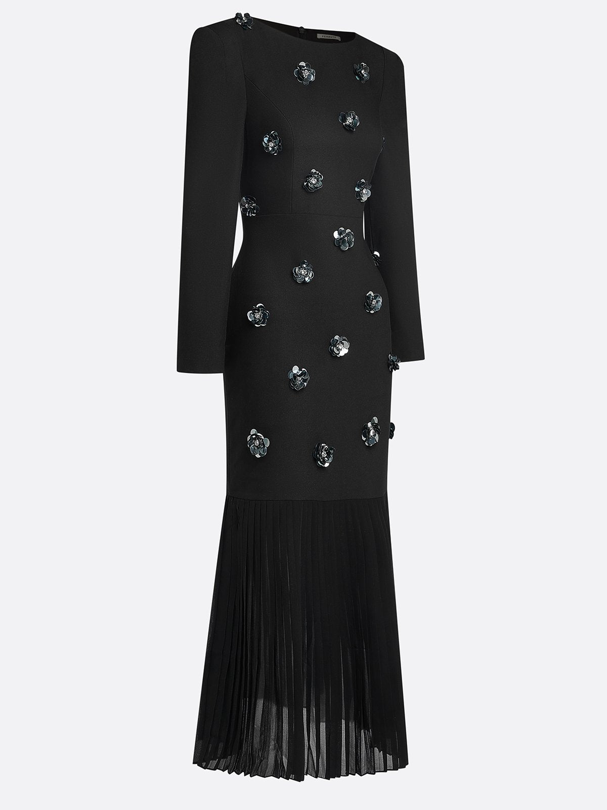 Black Pleated 3D Floral Classic Boat Neck Long Sleeve Mermaid Maxi Dress