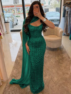 Cocoslly Strapless Sleeveless High Waist Long Prom Dress With Shawl And Rhinstone | Dusty Sage Satin YK1255