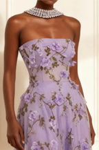 Cocoslly Strapless Sleeveless High Waist Long Prom Dress With Embroidered And Sequins | Lilac Chiffon CO0148