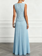 Light Blue Lace Jacquard Classic Boat Neck Sleeveless A-Line Floor-length Gown Dress