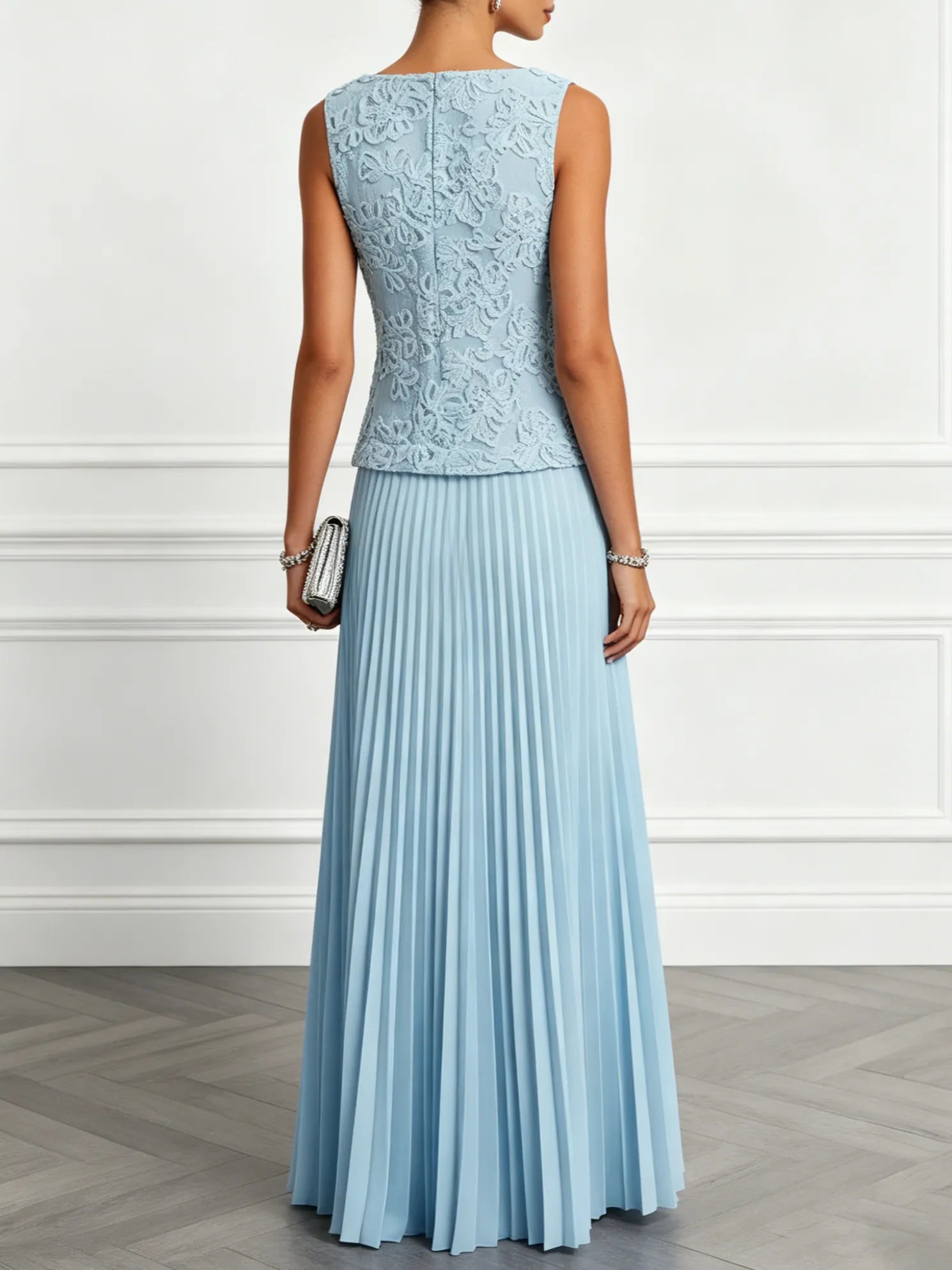 Light Blue Lace Jacquard Classic Boat Neck Sleeveless A-Line Floor-length Gown Dress