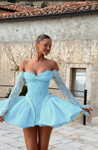 Cocoslly Strapless Long Sleeves Short Prom Dress With Appliques And Pleated | Daffodil Lace YQ0138