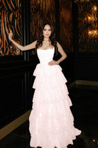 Cocoslly Strapless Sleeveless High Waist Long Prom Dress With Ruffles And Sequins | Sky Blue Tulle YC0474