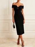 Black Bow Classic Off The Shoulder Short Sleeve Sheath Midi Dress