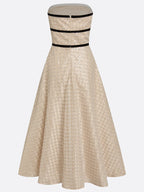 Champagne Glitter Beaded Sequin Strapless Sleeveless A-Line Midi Dress