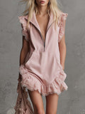 Elegant Retro Sporty V-neck Front Zipper Sleeveless Lace Trim Pink Cotton Mini Dress